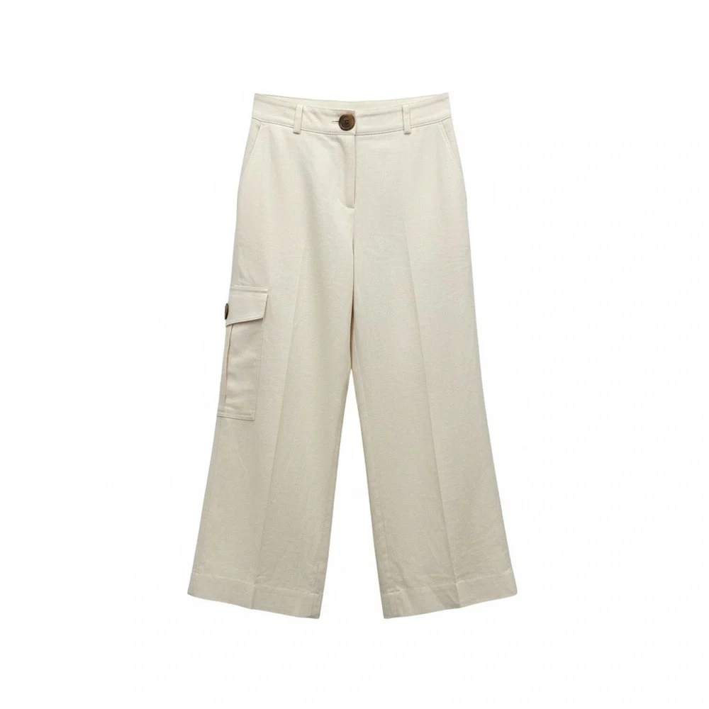 Anne Klein Cream Linen Wide‎ Leg Crop Cargo Pants Women 12